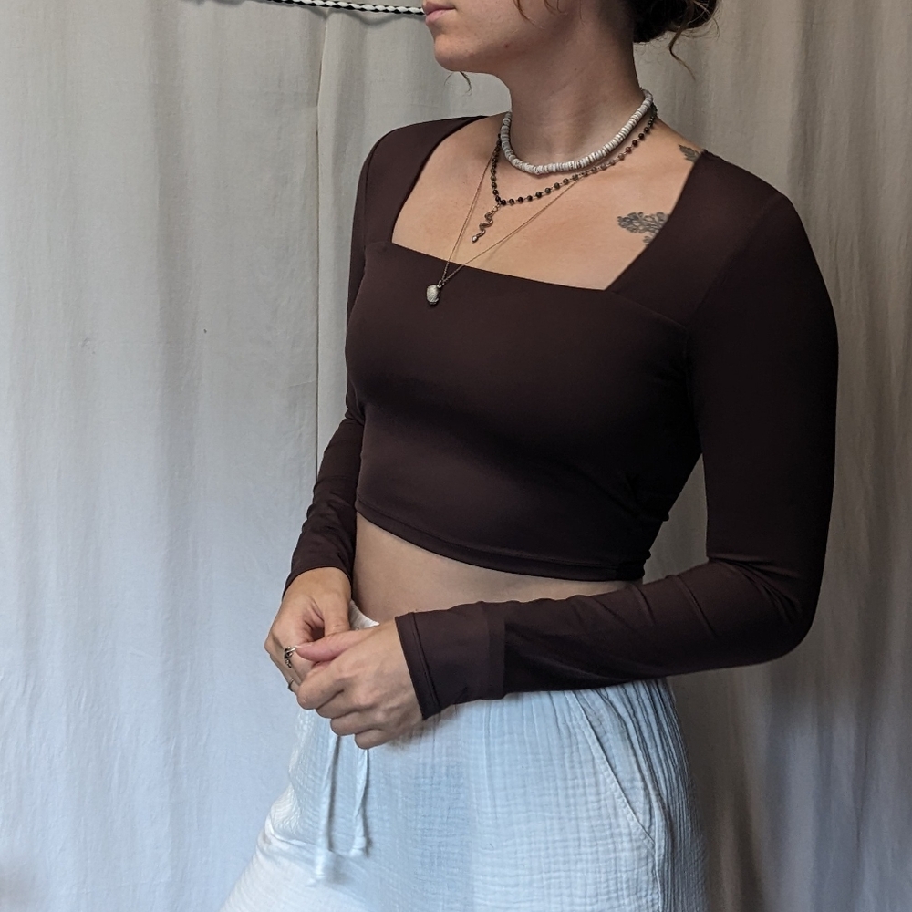 Sportswear Brown Square Neck Spandex Crop Top Size Medium